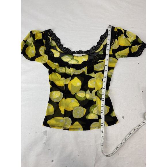 Y2K Kimchi Top Lemons Small Urban Outfitters Lace Yellow Black Cinched Sheer - Picture 3 of 9